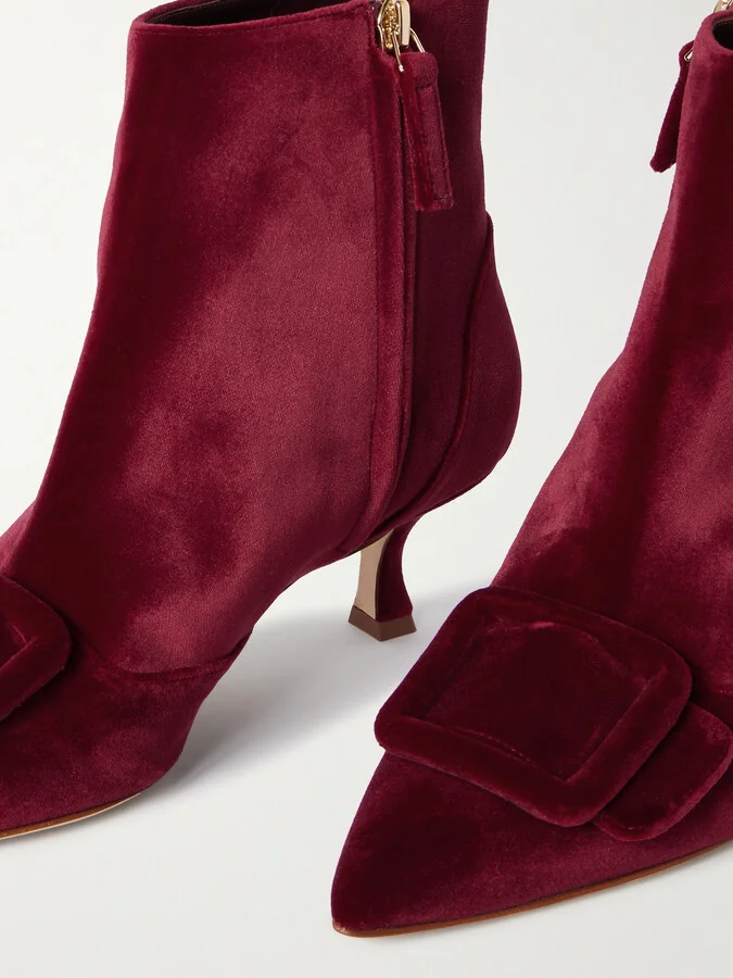 Manolo Blahnik - Baylow 50 Buckled Velvet Ankle Boots - Red - Image 4