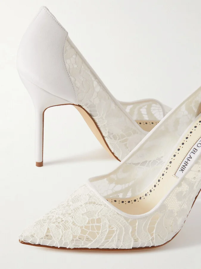 Manolo Blahnik - Bbla 105 Silk Satin-trimmed Corded Lace Pumps - Ivory - Image 4