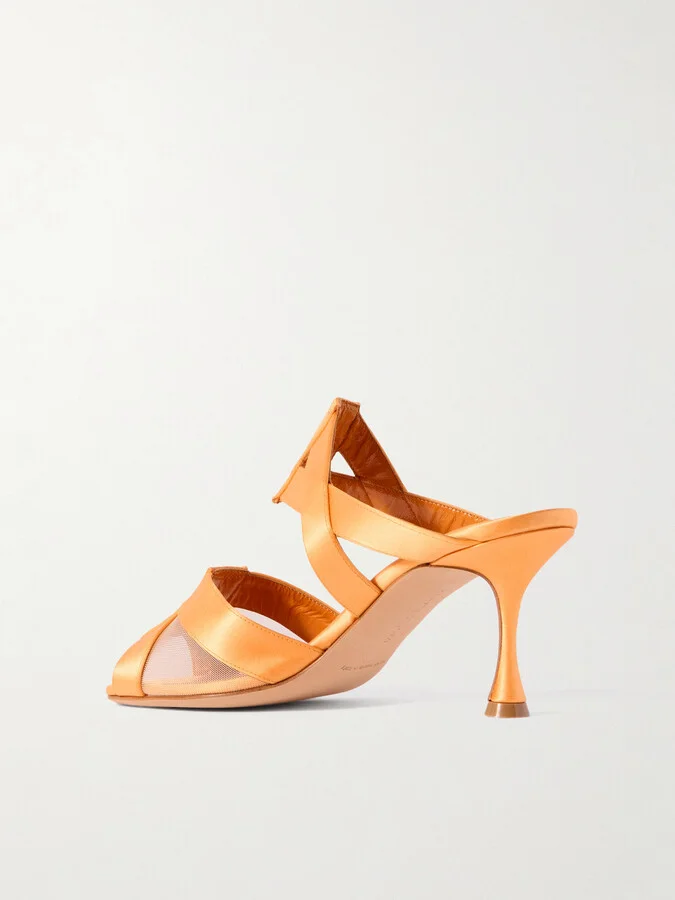 Manolo Blahnik - Beydari 70 Tulle-trimmed Satin Sandals - Orange - Image 3