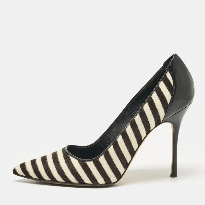 Manolo Blahnik Black Calfhair and Leather Stiped Pumps Size 38