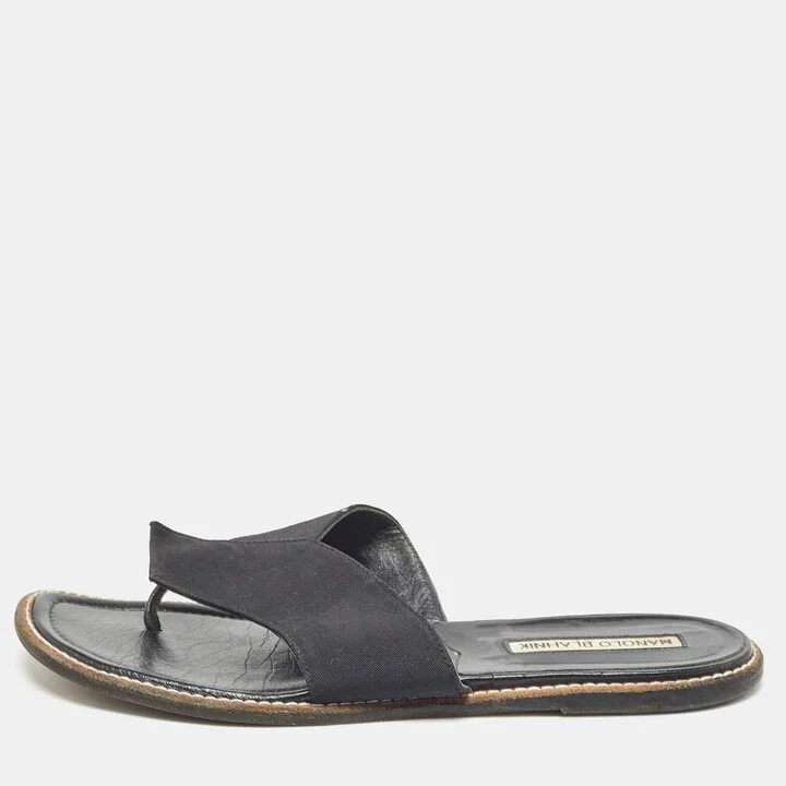 Manolo Blahnik Black Canvas Thong Flat Slides Size 37.5
