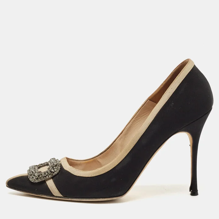 Manolo Blahnik Black/Grey Canvas and Fabric Hangisi Pumps Size 40.5