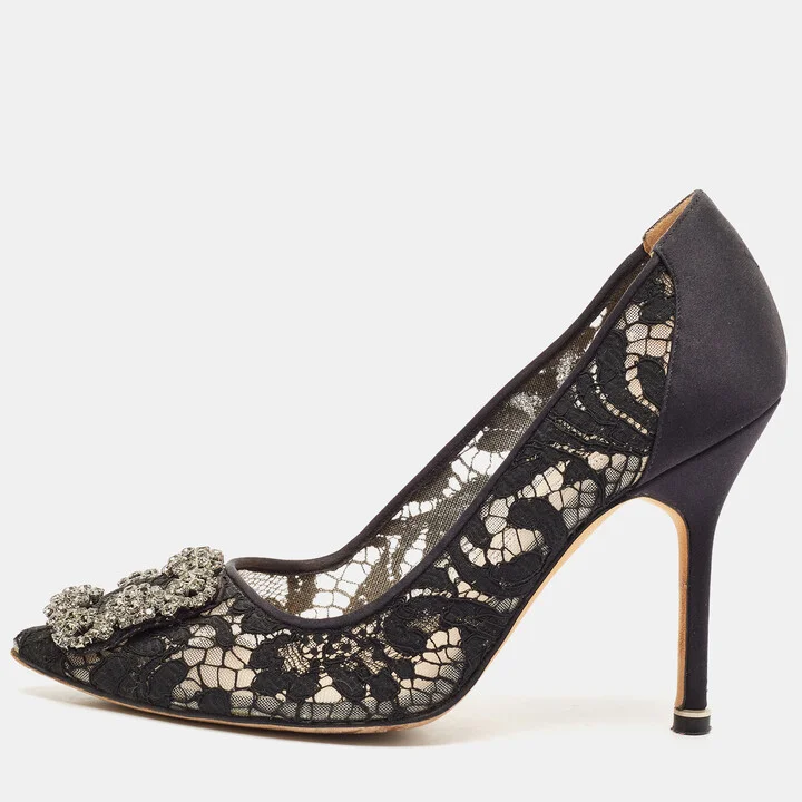 Manolo Blahnik Black Lace And Mesh Hangisi Pumps Size 36.5