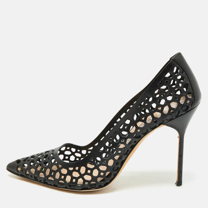 Manolo Blahnik Black Laser Cut Leather Pointed Toe Pumps Size 40