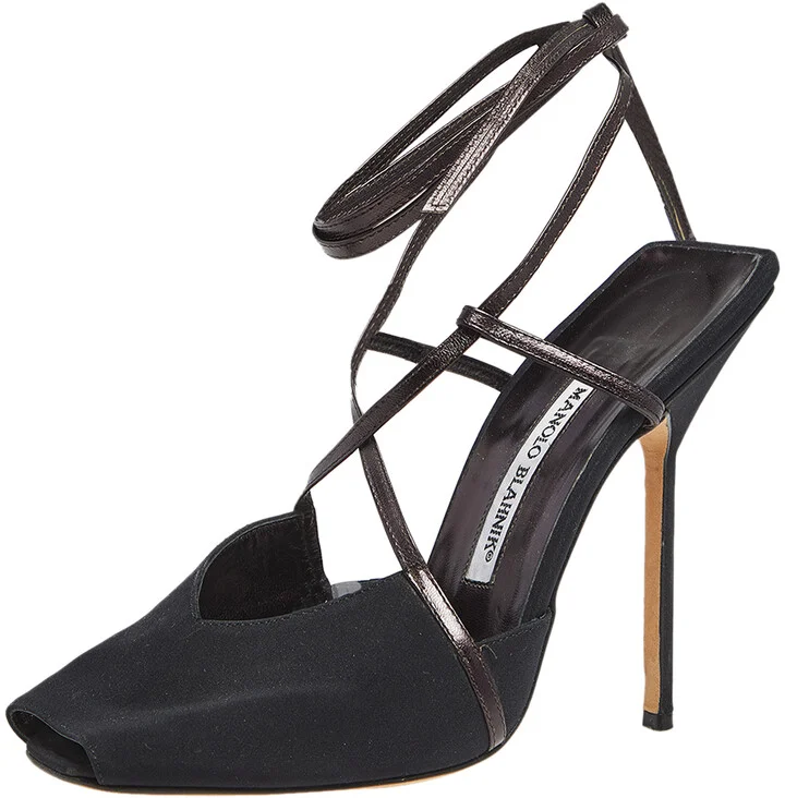 Manolo Blahnik Black/Plum Satin and Leather Square Peep-Toe Ankle-Tie Sandals Size 38.5