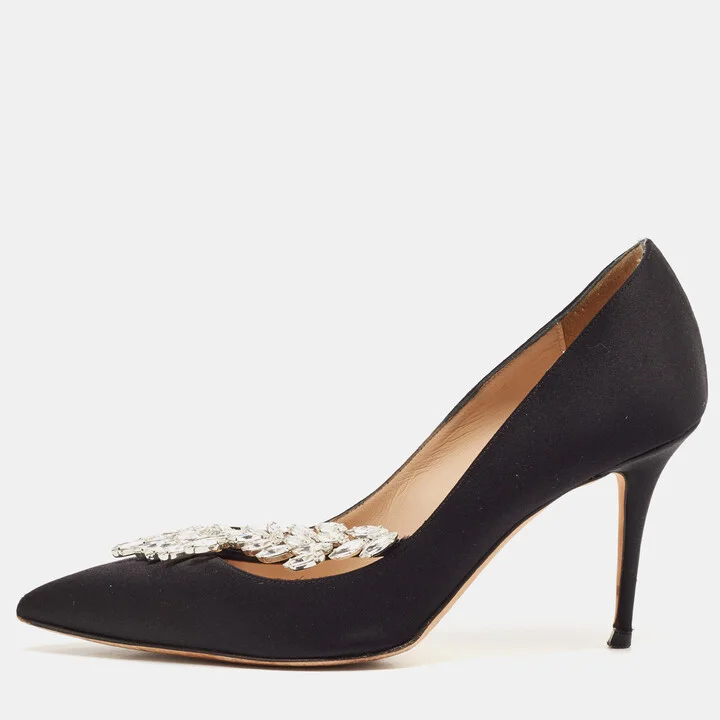 Manolo Blahnik Black Satin Nadira Pumps Size 37.5