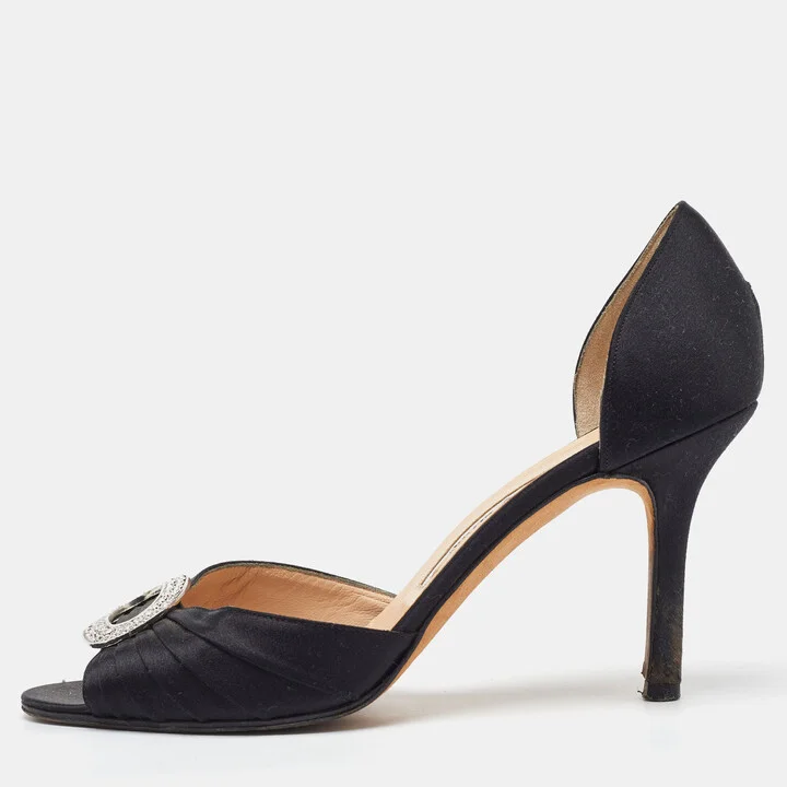 Manolo Blahnik Black Satin Pleated Sedaraby D'orsay Pumps Size 37.5