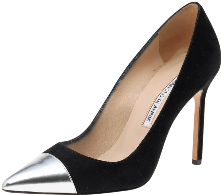 Manolo Blahnik Black/Silver Suede And Leather Bipunta Cap-Toe Pumps Size 37