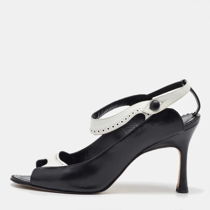 Manolo Blahnik Black/White Leather Brogue Slingback Sandals Size 38.5