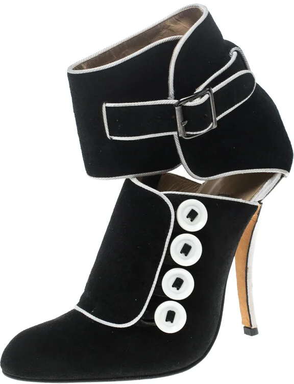 Manolo Blahnik Black/White Suede and Fabric Rapacina Button Detail Booties Size 35.5