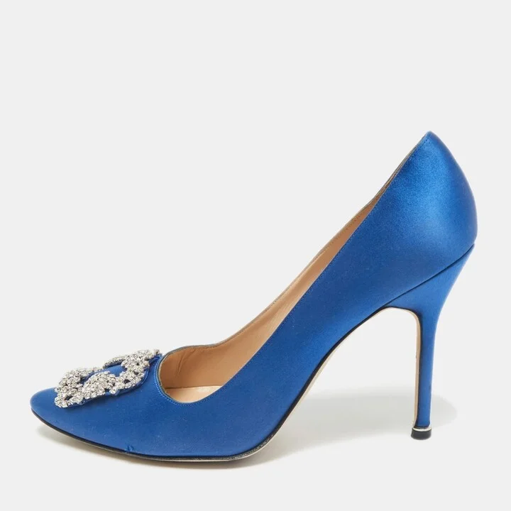 Manolo Blahnik Blue Satin Hangisi Crystal Embellished Pointed Toe Pumps Size 39.5