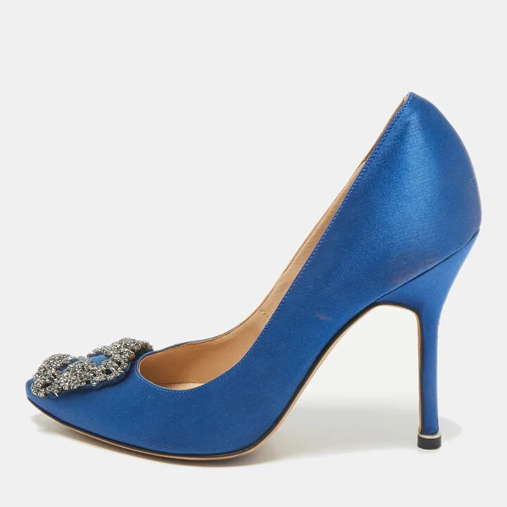 Manolo Blahnik Blue Satin Hangisi Crystal Embellished Pumps Size 36