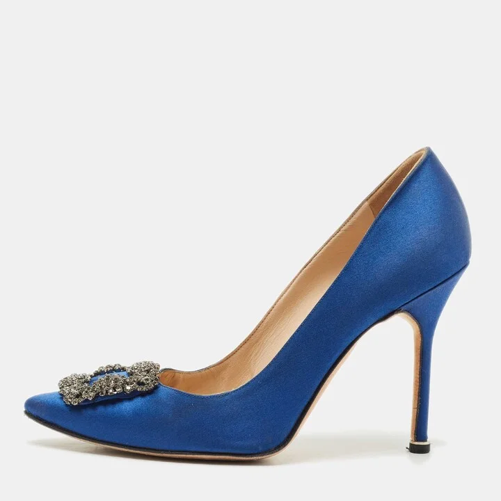 Manolo Blahnik Blue Satin Hangisi Crystal Embellished Pumps Size 38.5