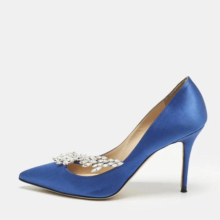 Manolo Blahnik Blue Satin Nadira Crystal Embellished Pointed Toe Pumps Size 38