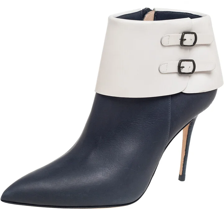 Manolo Blahnik Blue/White Leather Buckle Pointed Toe Ankle Boots Size 36