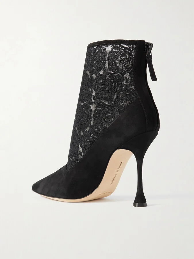 Manolo Blahnik - Bricala 105 Embroidered Tulle And Suede Ankle Boots - Black - Image 3