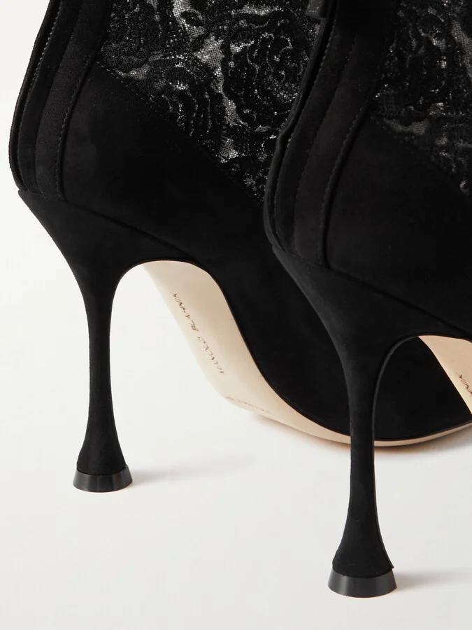 Manolo Blahnik - Bricala 105 Embroidered Tulle And Suede Ankle Boots - Black - Image 4