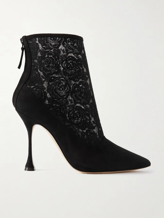 Manolo Blahnik - Bricala 105 Embroidered Tulle And Suede Ankle Boots - Black
