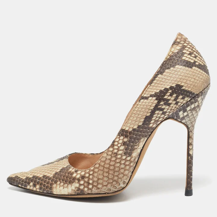 Manolo Blahnik Brown/Beige Python Leather BB Pointed Toe Pumps Size 38