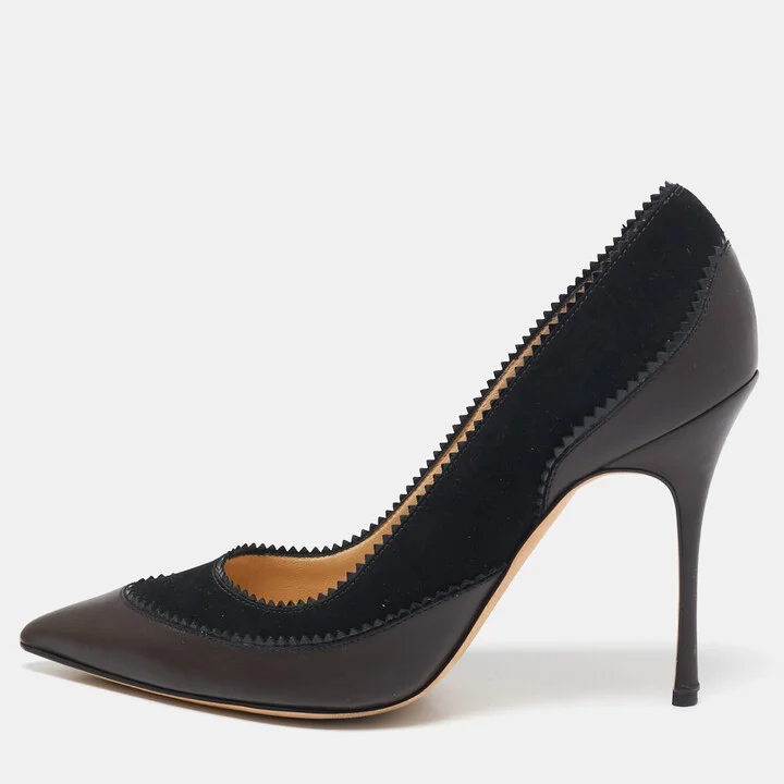 Manolo Blahnik Brown/Black Leather and Suede Pointed Toe Pumps Size 38.5