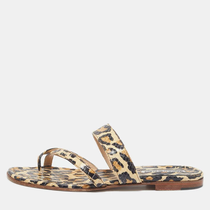 Manolo Blahnik Brown Leopard Pint Python Leather Thong Flat Slides Size 38