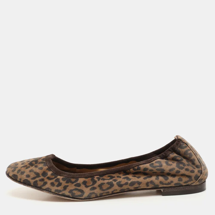 Manolo Blahnik Brown Leopard Print Suede Scrunch Ballet Flats Size 40