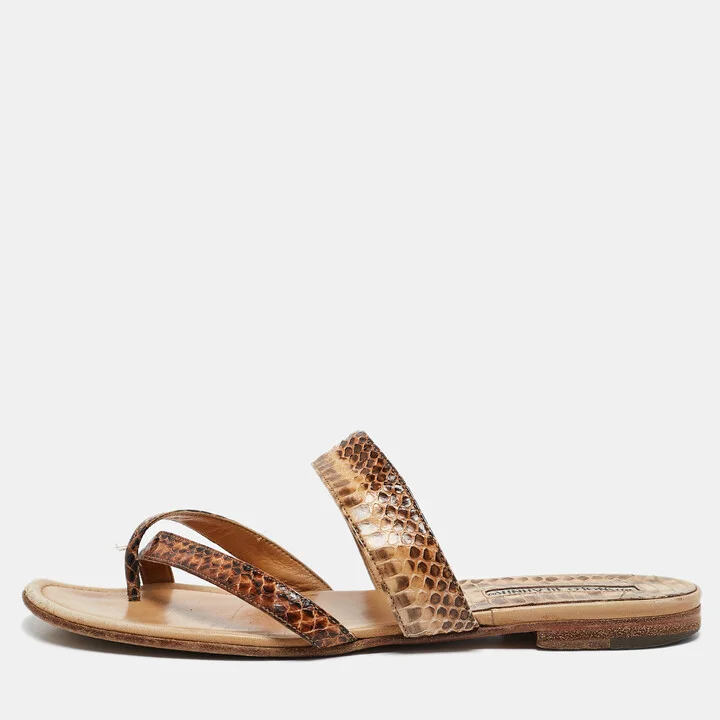 Manolo Blahnik Brown Python Leather Susa Flat Sandals Size 38