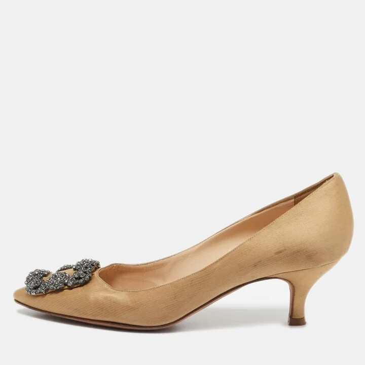 Manolo Blahnik Brown Satin Hangisi Embellished Pumps Size 36.5