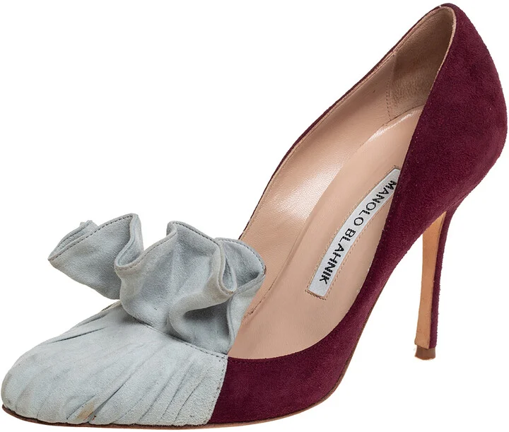 Manolo Blahnik Burgundy And Grey Suede Arleti Frill Detail Pumps Size 35