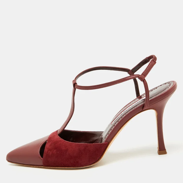 Manolo Blahnik Burgundy Leather and Suede Turgimodhi Pumps Size 38