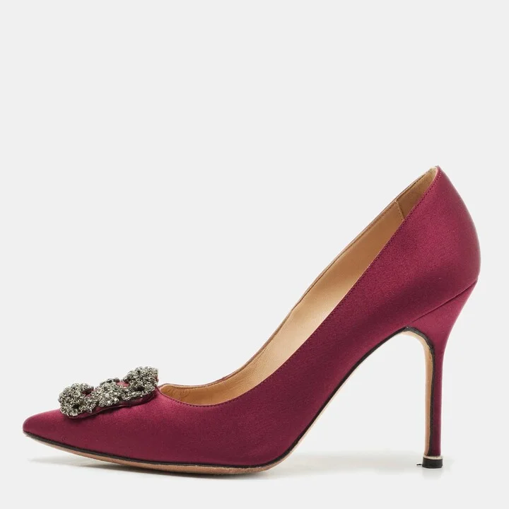 Manolo Blahnik Burgundy Satin Hangisi Pumps Size 39.5