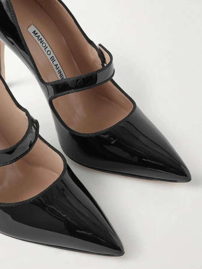 Manolo Blahnik - Campari 105 Grosgrain-trimmed Patent-leather Pumps - Black - Image 4