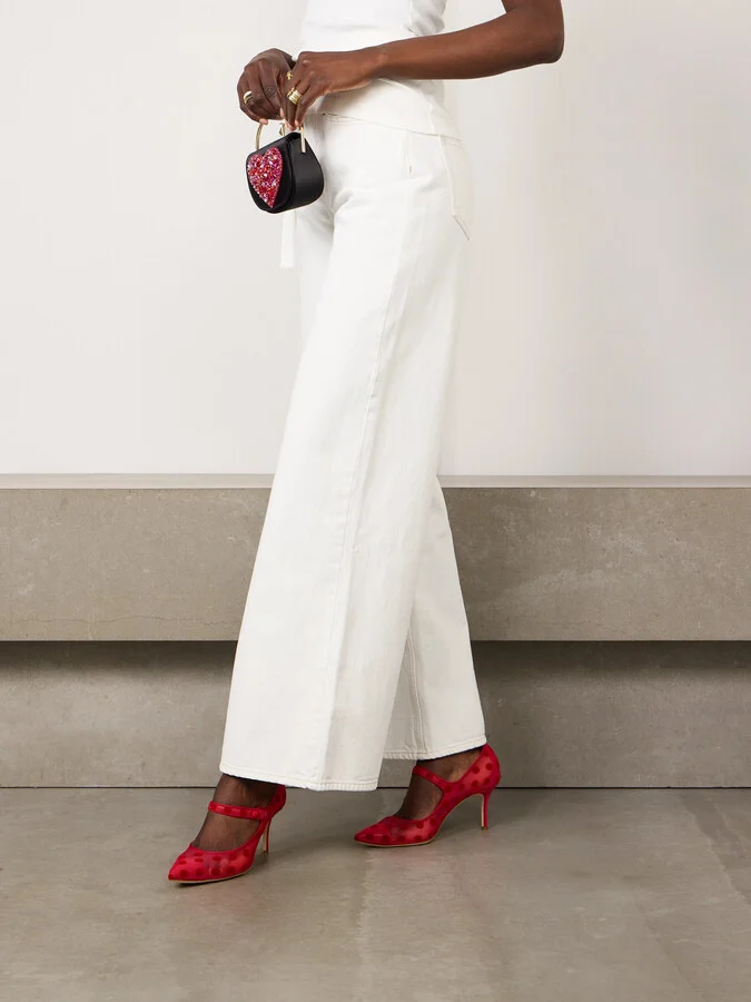 Manolo Blahnik - Campari 70 Grosgrain-trimmed Flocked Mesh Mary Jane Pumps - Red - Image 2