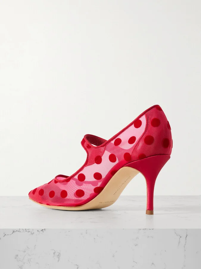 Manolo Blahnik - Campari 70 Grosgrain-trimmed Flocked Mesh Mary Jane Pumps - Red - Image 3