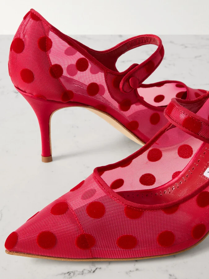 Manolo Blahnik - Campari 70 Grosgrain-trimmed Flocked Mesh Mary Jane Pumps - Red - Image 4