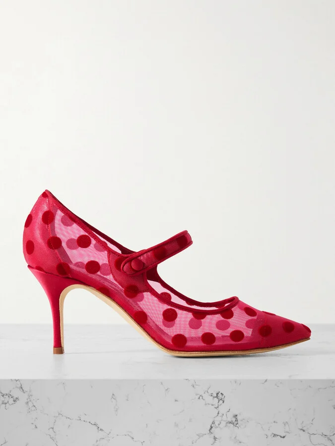 Manolo Blahnik - Campari 70 Grosgrain-trimmed Flocked Mesh Mary Jane Pumps - Red