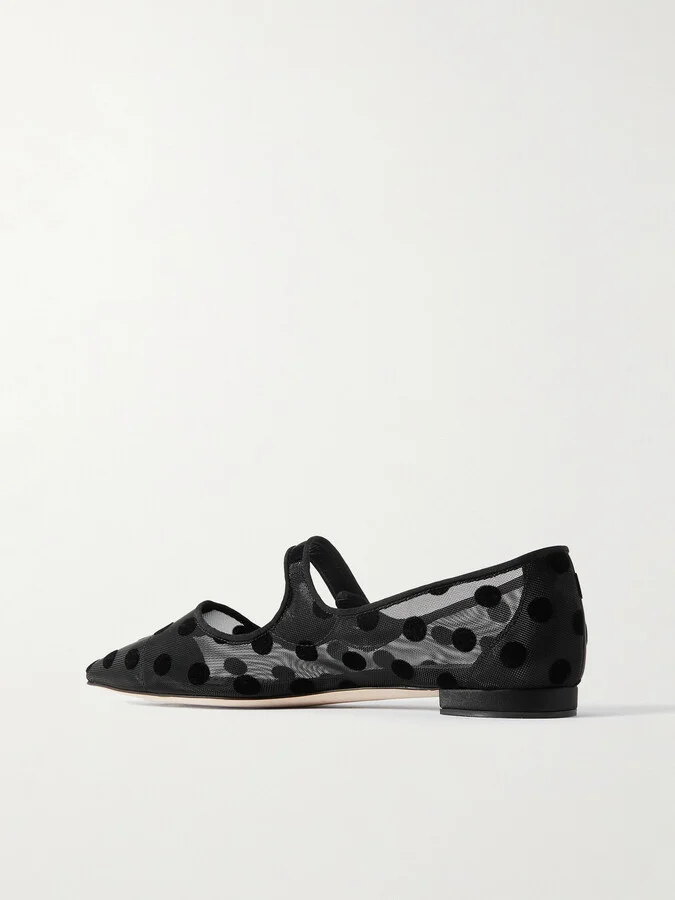 Manolo Blahnik - Campari Grosgrain-trimmed Flocked Mesh Ballet Flats - Black - Image 3