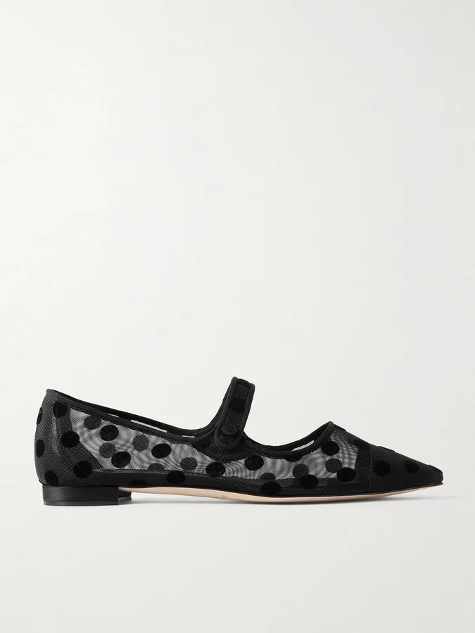 Manolo Blahnik - Campari Grosgrain-trimmed Flocked Mesh Ballet Flats - Black