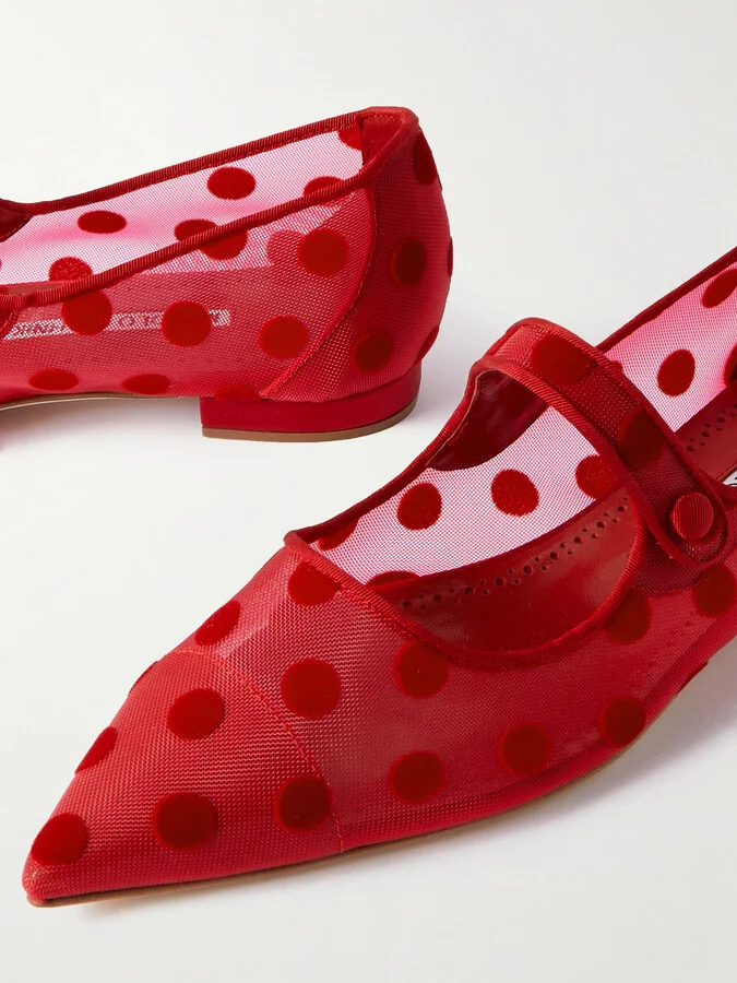 Manolo Blahnik - Campari Grosgrain-trimmed Flocked Mesh Ballet Flats - Red - Image 4