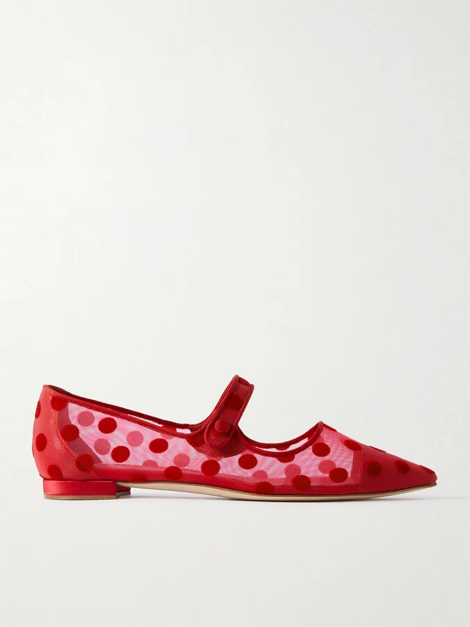 Manolo Blahnik - Campari Grosgrain-trimmed Flocked Mesh Ballet Flats - Red