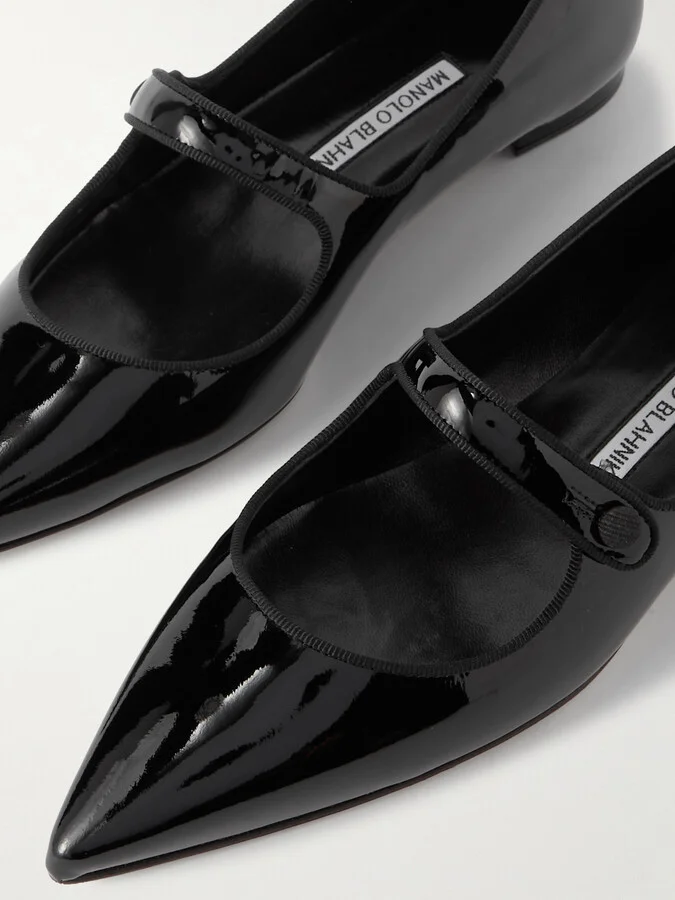 Manolo Blahnik - Campari Grosgrain-trimmed Patent-leather Ballet Flats - Black - Image 4