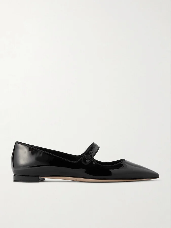Manolo Blahnik - Campari Grosgrain-trimmed Patent-leather Ballet Flats - Black