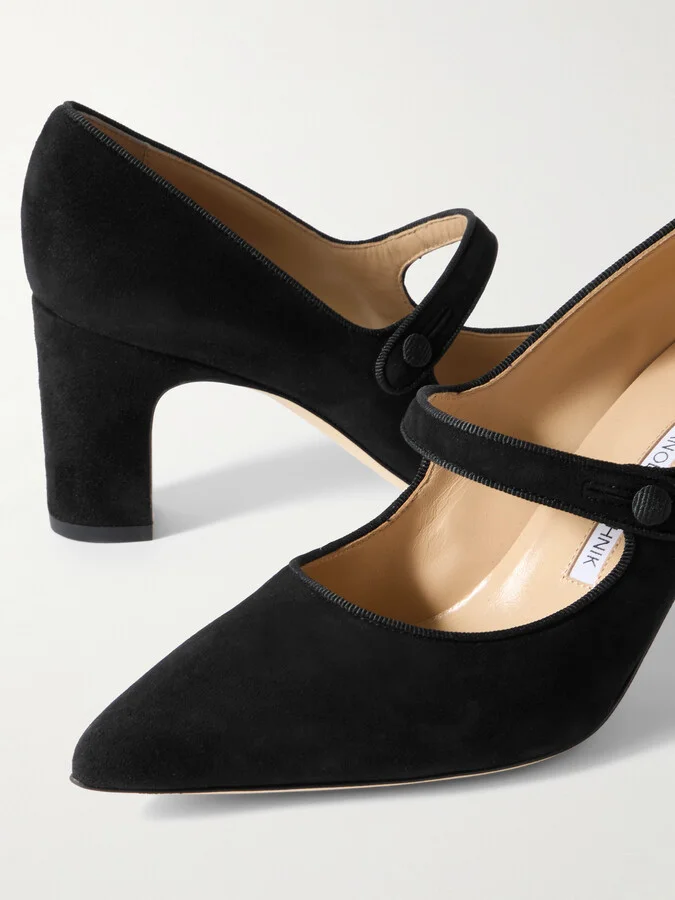 Manolo Blahnik - Campariba 70 Grosgrain-trimmed Suede Mary Jane Pumps - Black - Image 4