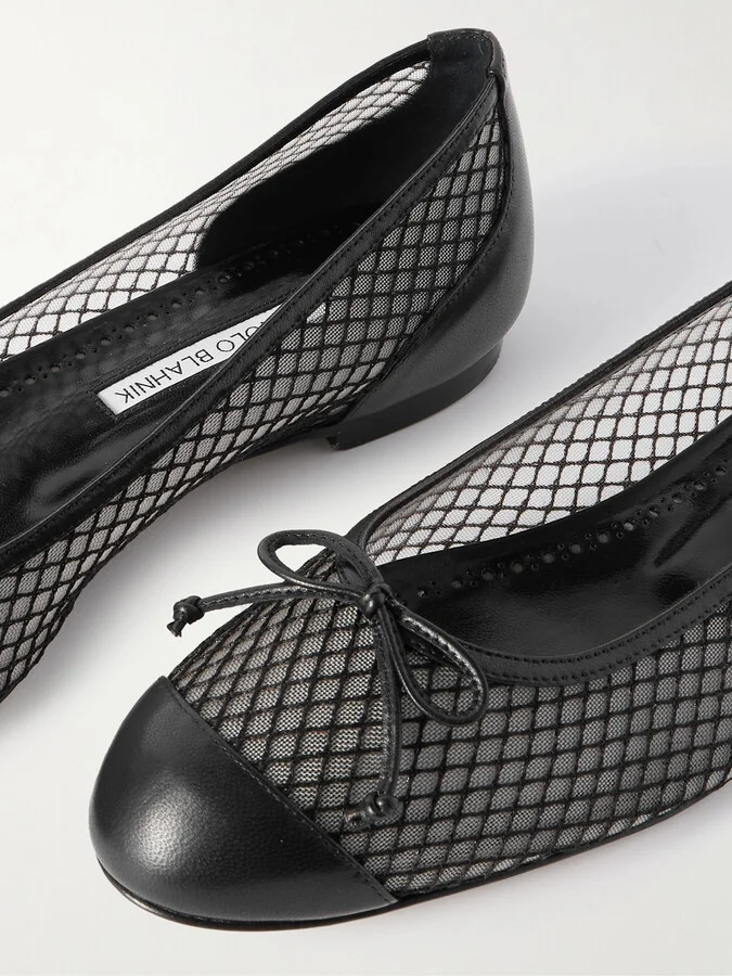 Manolo Blahnik - Capbalme Leather-trimmed Mesh Ballet Flats - Black - Image 4