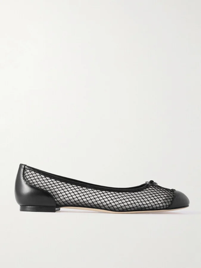 Manolo Blahnik - Capbalme Leather-trimmed Mesh Ballet Flats - Black