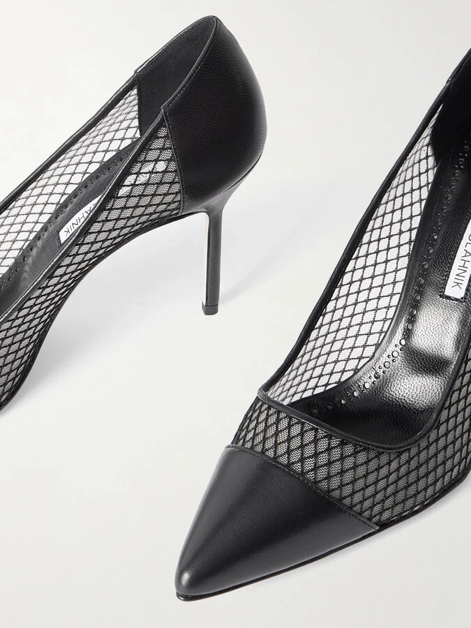 Manolo Blahnik - Capcourme 90 Leather-trimmed Mesh Pumps - Black - Image 4