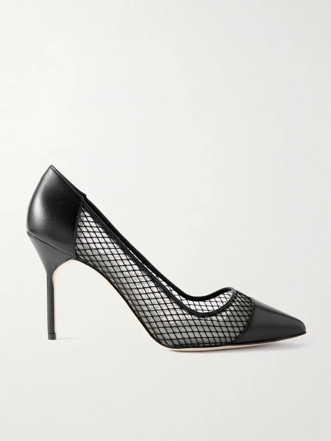 Manolo Blahnik - Capcourme 90 Leather-trimmed Mesh Pumps - Black