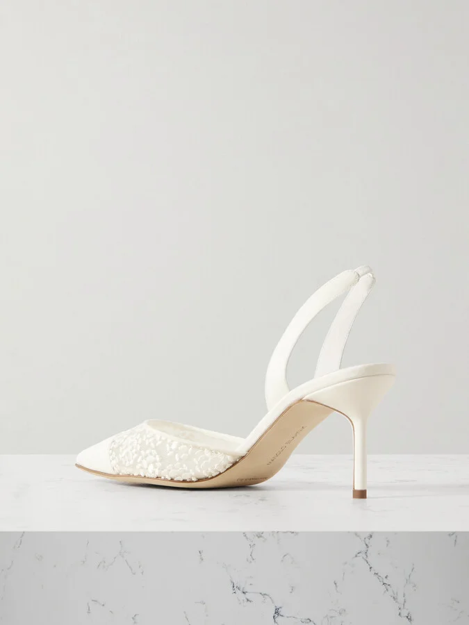 Manolo Blahnik - Capsli 70 Embroidered Lace And Crepe Pointed-toe Slingback Pumps - White - Image 3