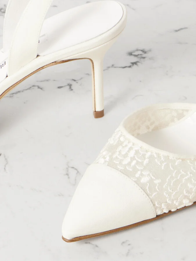 Manolo Blahnik - Capsli 70 Embroidered Lace And Crepe Pointed-toe Slingback Pumps - White - Image 4