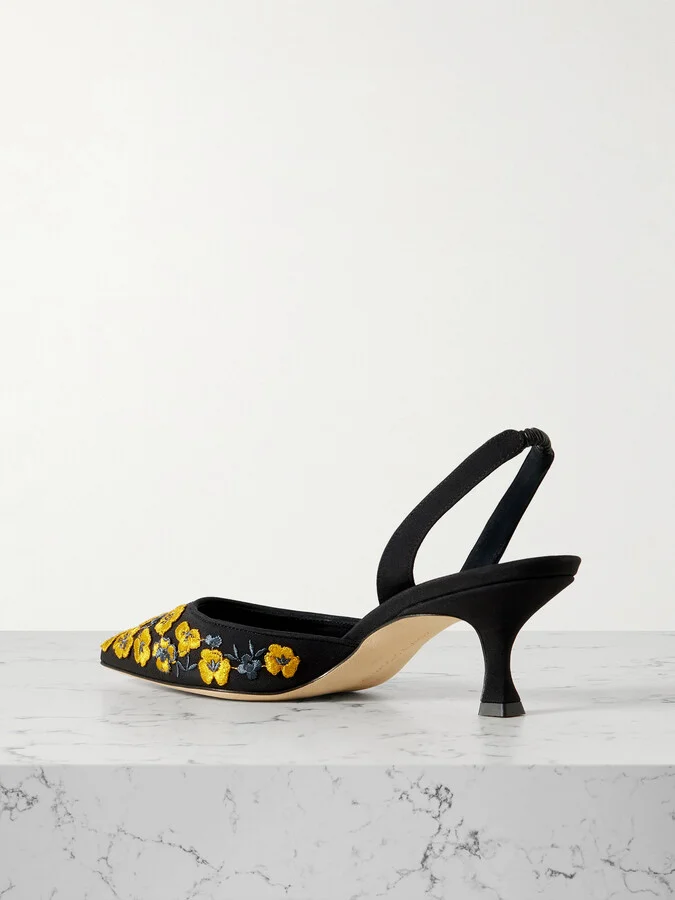 Manolo Blahnik - Carolyne 50 Embroidered Silk Crepe De Chine Slingback Pumps - Black - Image 3